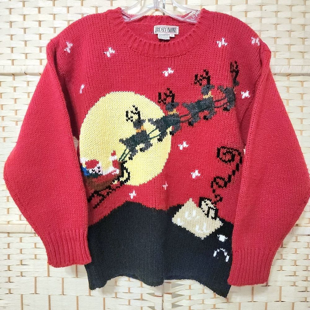 Vintage Christmas Sweater By Lindsey Blake Red Size S Santa & Reindeer Holiday